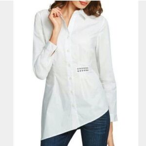 CABI White Button-Down Shirt Asymmetrical w/ Stud Accents XS